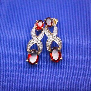 Gold Over 925 Sterling Silver Diamond & Garnet XO Vintage Drop Earrings